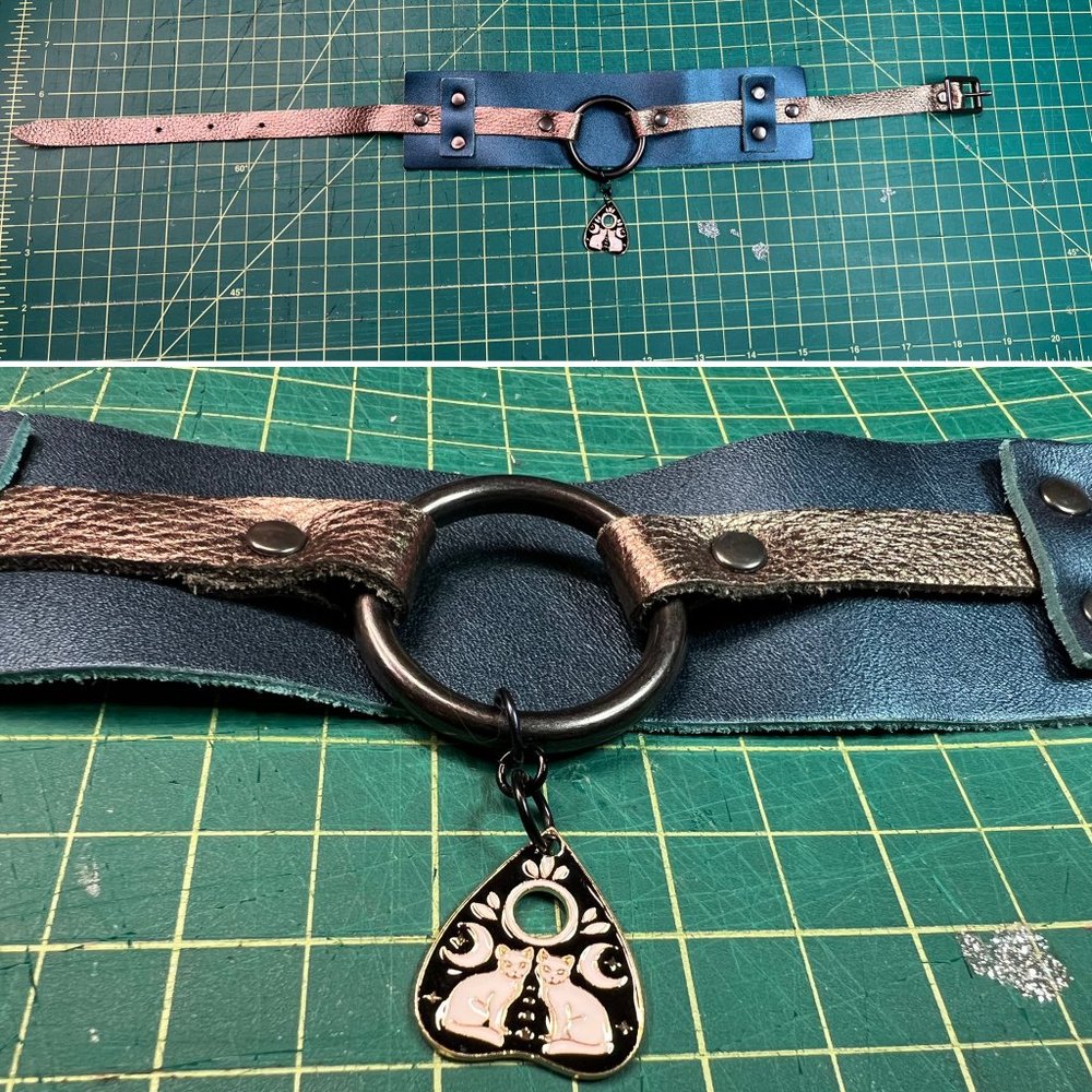 Goth Leather O-ring Collar with Cats Ouija Planchette like Dolls Kill Hot Topic